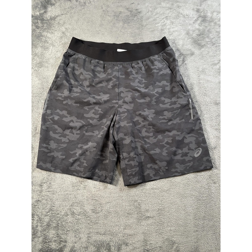 ASICS Shorts Mens Medium Gray Camo Running Elastic Waist Pockets Lightweight